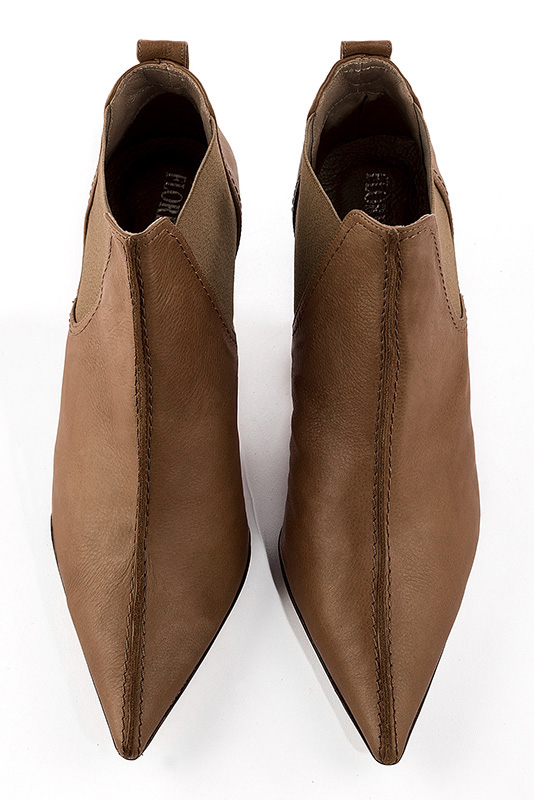 Caramel brown women's ankle boots, with elastics. Pointed toe. Medium spool heels. Top view - Florence KOOIJMAN